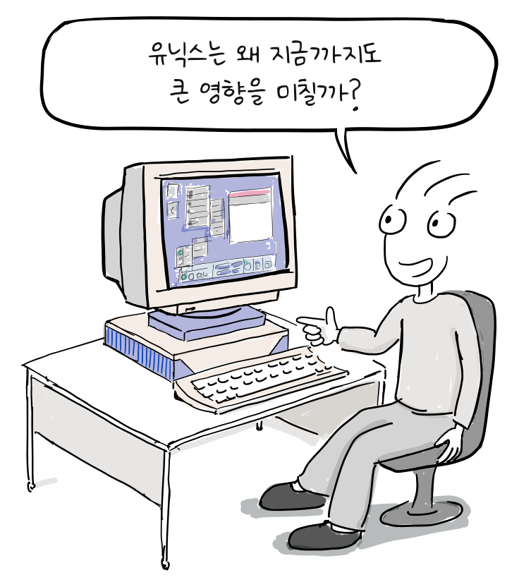 의자에 앉은 발표자가 CDE 데스크톱이 표시된 썬 스팍스테이션을 가리키고 있다.